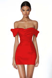 Satin Ruched Off the Shoulder Bodycon Mini Little White Dress