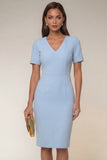 Navy Bodycon V Neck Short Sleeves Midi Work Dress
