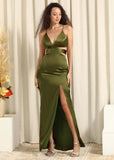 Spaghetti Straps Cut Out Olive Long Bridesmaid Dress with Slit