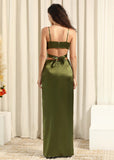 Spaghetti Straps Cut Out Olive Long Bridesmaid Dress with Slit