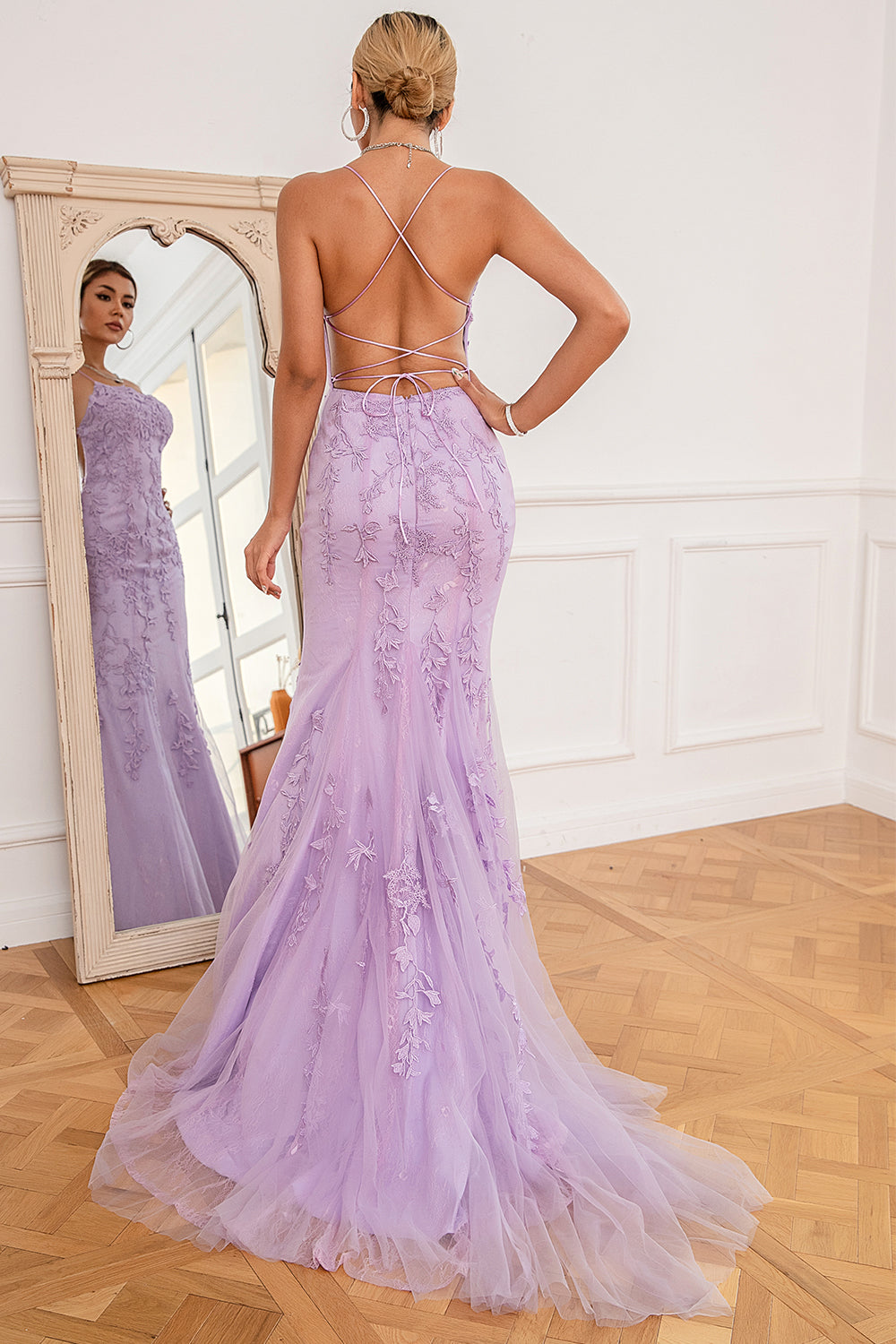 Leely Women Mermaid Prom Dress Light Purple Spaghetti Straps Backless Evening Dress with Appliques leelyuk Leely Women Mermaid Prom Dress Light Purple Spaghetti Straps Backless Evening Dress with Appliques leelyuk