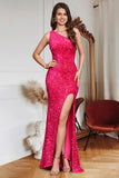 Glitter Royal Blue Mermaid One Shoulder Sequins Prom Dress With Slit