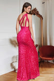 Glitter Royal Blue Mermaid One Shoulder Sequins Prom Dress With Slit