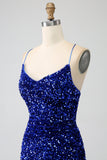 Black Mermaid Spaghetti Straps V-Neck Sequin Long Prom Dress With Split