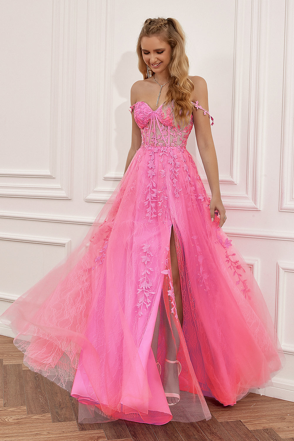 bright pink dress uk Jill Hot Pink Laced Bodice With Laced Back Leg Split Formal Prom Dress