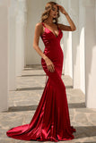 Sexy Burgundy Mermaid V-neck Lace Up Satin Sweep Train Prom Dress