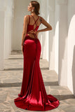 Sexy Burgundy Mermaid V-neck Lace Up Satin Sweep Train Prom Dress