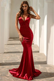 Sexy Burgundy Mermaid V-neck Lace Up Satin Sweep Train Prom Dress