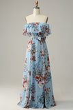 Dark Blue Floral Boho Chiffon A-Line Bridesmaid Dress with Slit