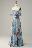 Dark Blue Floral Boho Chiffon A-Line Bridesmaid Dress with Slit