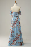 Dark Blue Floral Boho Chiffon A-Line Bridesmaid Dress with Slit