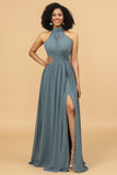 Gray Halter Ruffle Long Chiffon Bridesmaid Dress with Slit