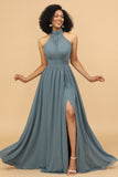 Gray Halter Ruffle Long Chiffon Bridesmaid Dress with Slit