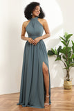 Gray Halter Ruffle Long Chiffon Bridesmaid Dress with Slit