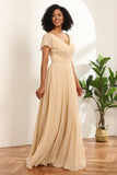 Champagne Beanie Sleeves Long Chiffon Bridesmaid Dress