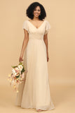 Champagne Beanie Sleeves Long Chiffon Bridesmaid Dress
