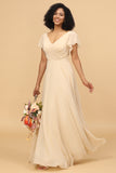 Champagne Beanie Sleeves Long Chiffon Bridesmaid Dress