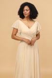 Champagne Beanie Sleeves Long Chiffon Bridesmaid Dress