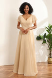 Champagne Beanie Sleeves Long Chiffon Bridesmaid Dress