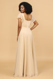 Champagne Beanie Sleeves Long Chiffon Bridesmaid Dress
