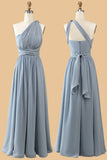 A-Line One Shoulder V-Neck Halter Floor-Length Gray Blue Bridesmaid Dress