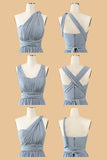 A-Line One Shoulder V-Neck Halter Floor-Length Gray Blue Bridesmaid Dress