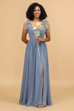 Gray Blue Spaghetti Straps Long Chiffon Bridesmaid Dress with Slit