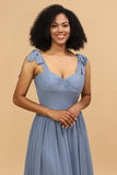 Gray Blue Spaghetti Straps Long Chiffon Bridesmaid Dress with Slit