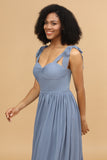 Gray Blue Spaghetti Straps Long Chiffon Bridesmaid Dress with Slit