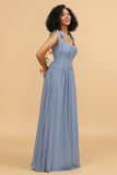 Gray Blue Spaghetti Straps Long Chiffon Bridesmaid Dress with Slit