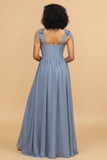 Gray Blue Spaghetti Straps Long Chiffon Bridesmaid Dress with Slit