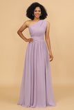 Lilac Chiffon One Shoulder Bridemaids Dress with Ruffles
