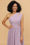 Lilac Chiffon One Shoulder Bridemaids Dress with Ruffles
