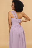 Lilac Chiffon One Shoulder Bridemaids Dress with Ruffles