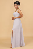 Grey Square Neck Chiffon Bridesmaid Dress
