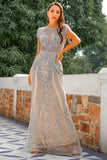 Leely Women Glitter Silver Long Prom Dress Mermaid Beaded Formal Dress With Embroidery