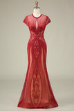 Leely Women Cap Sleeves Mermaid Beaded Burgundy Long Prom Dress