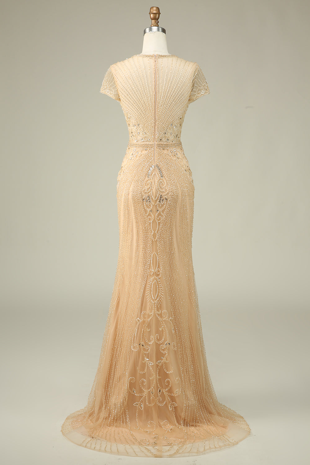 Leely Women Cap Sleeves Mermaid Beaded Champagne Long Prom Dress leelyuk Leely Women Cap Sleeves Mermaid Beaded Champagne Long Prom Dress leelyuk