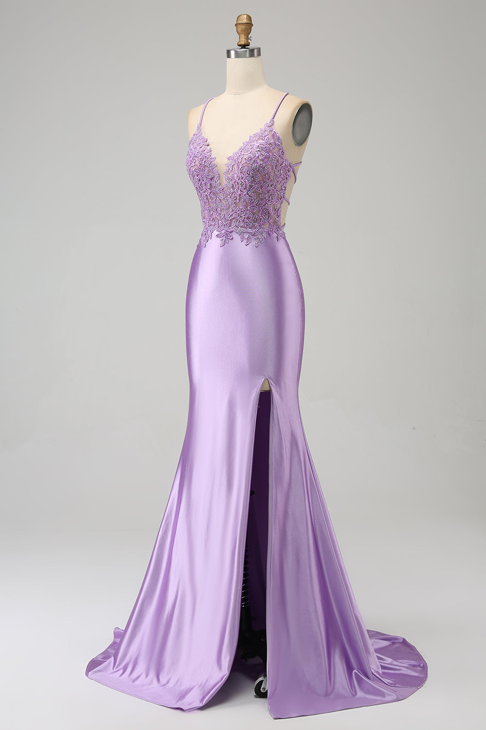 Leely Women Lilac Prom Dress Mermaid V Neck Open Back Beaded Appliques ...