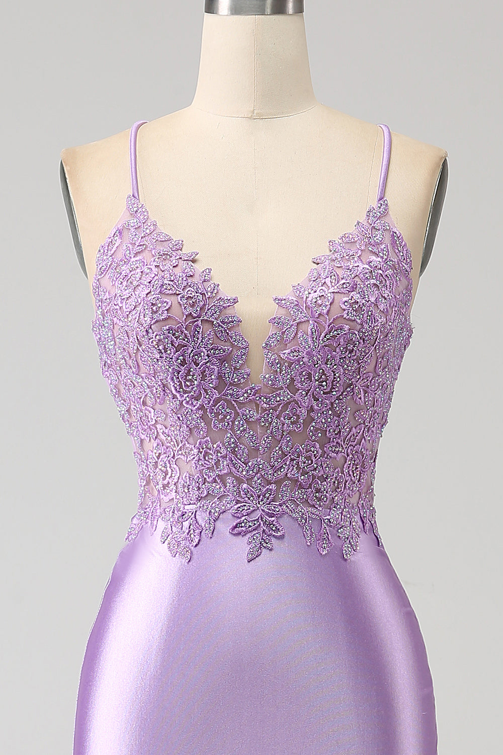 Leely Women Lilac Prom Dress Mermaid V Neck Open Back Beaded Appliques ...