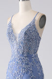 Grey Blue Mermaid Spaghetti Strap Beaded Backless Prom Dress With Appliques
