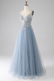 Grey Blue A Line Spaghetti Straps Sparkly Sequin Long Prom Dress