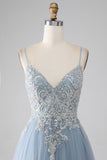 Grey Blue A Line Spaghetti Straps Sparkly Sequin Long Prom Dress