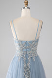 Grey Blue A Line Spaghetti Straps Sparkly Sequin Long Prom Dress