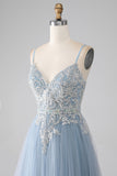 Grey Blue A Line Spaghetti Straps Sparkly Sequin Long Prom Dress