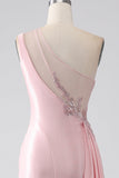 Pink Mermaid One Shoulder Sequins Appliques Ruched Prom Dress With Slit