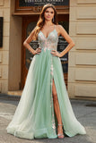 Light Green A Line V Neck Tulle Long Beaded Prom Dress With Slit