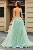 Light Green A Line V Neck Tulle Long Beaded Prom Dress With Slit