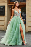 Light Green A Line V Neck Tulle Long Beaded Prom Dress With Slit