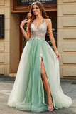 Light Green A Line V Neck Tulle Long Beaded Prom Dress With Slit